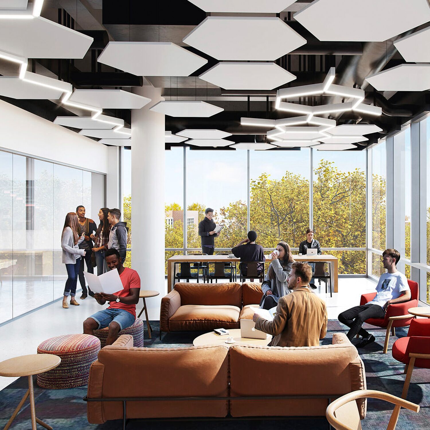 Rendering of a common space in the North Carolina State University Integrative Sciences Initiative - Woodson Hall.